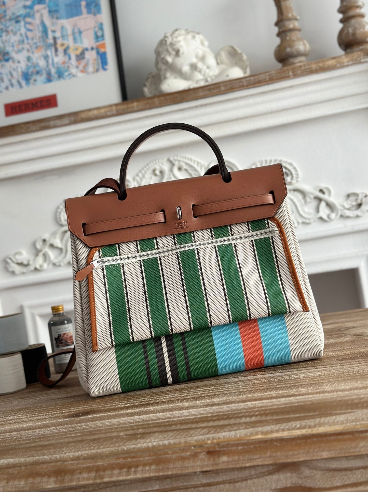 HERBAG ZIP 31 LAQUERED BAG IN GREEN MIX BLUE H PLUME CANVAS