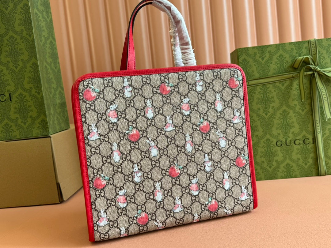 CHILDREN'S PRINTED RABBIT TOTE BAG 28.5 IN BEIGE AND DARK BROWN GG CANVAS RED TRIM