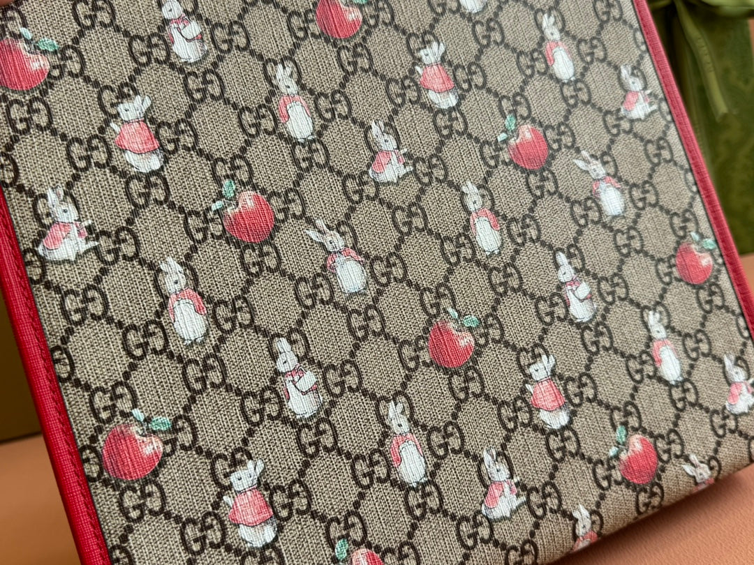 CHILDREN'S PRINTED RABBIT TOTE BAG 28.5 IN BEIGE AND DARK BROWN GG CANVAS RED TRIM