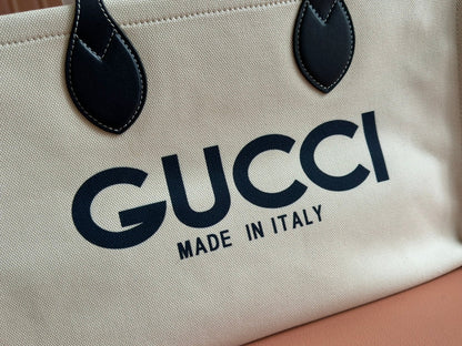 TOTE BAG PRINTED LOGO 41.5 IN WHITE CANVAS DARK BLUE CALFSKIN