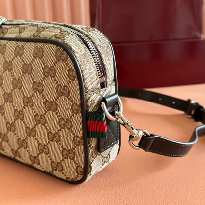 SMALL CROSSBODY BAG 23.5 IN BEIGE AND DARK BROWN GG CANVAS