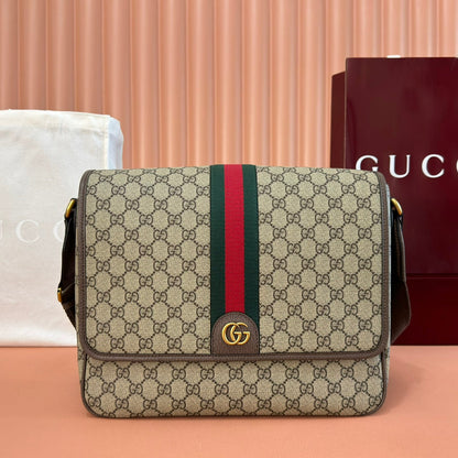 GUCCI 25S OPHIDIA LARGE CROSSBODY BAG 33 IN BEIGE CANVAS AND BROWN CALFSKIN