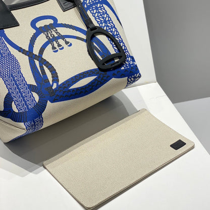 STEEPLE 28 BAG IN OFF-WHITE MIX BLUE CANVAS AND BLACK CALFSKIN