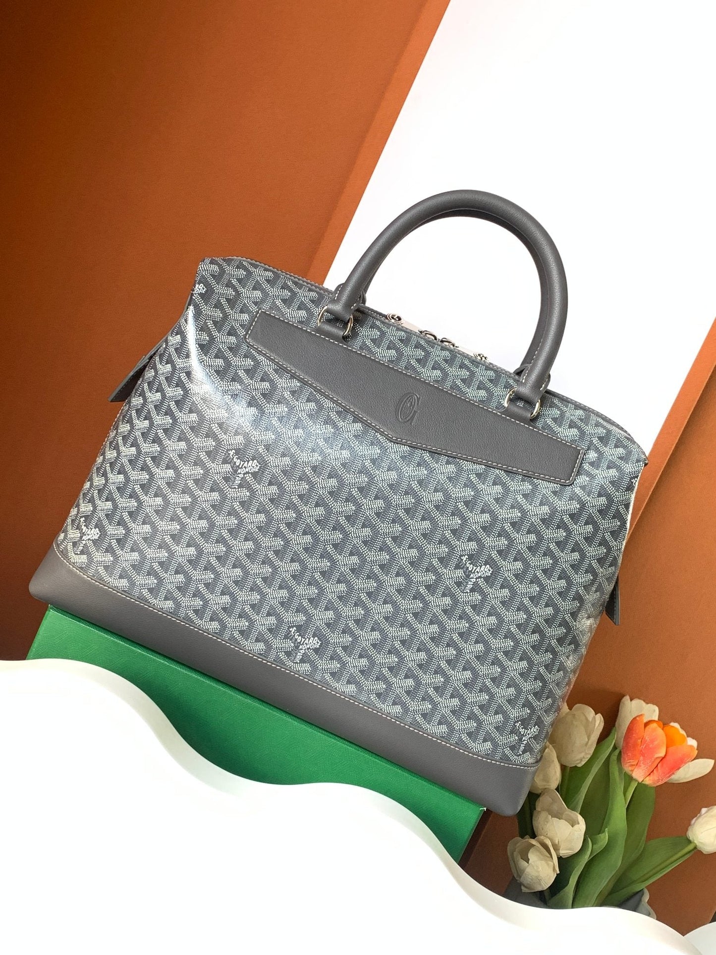 CISALPIN DOCUMENT CASE 39 IN GRAY GOYARDINE CANVAS AND CALFSKIN