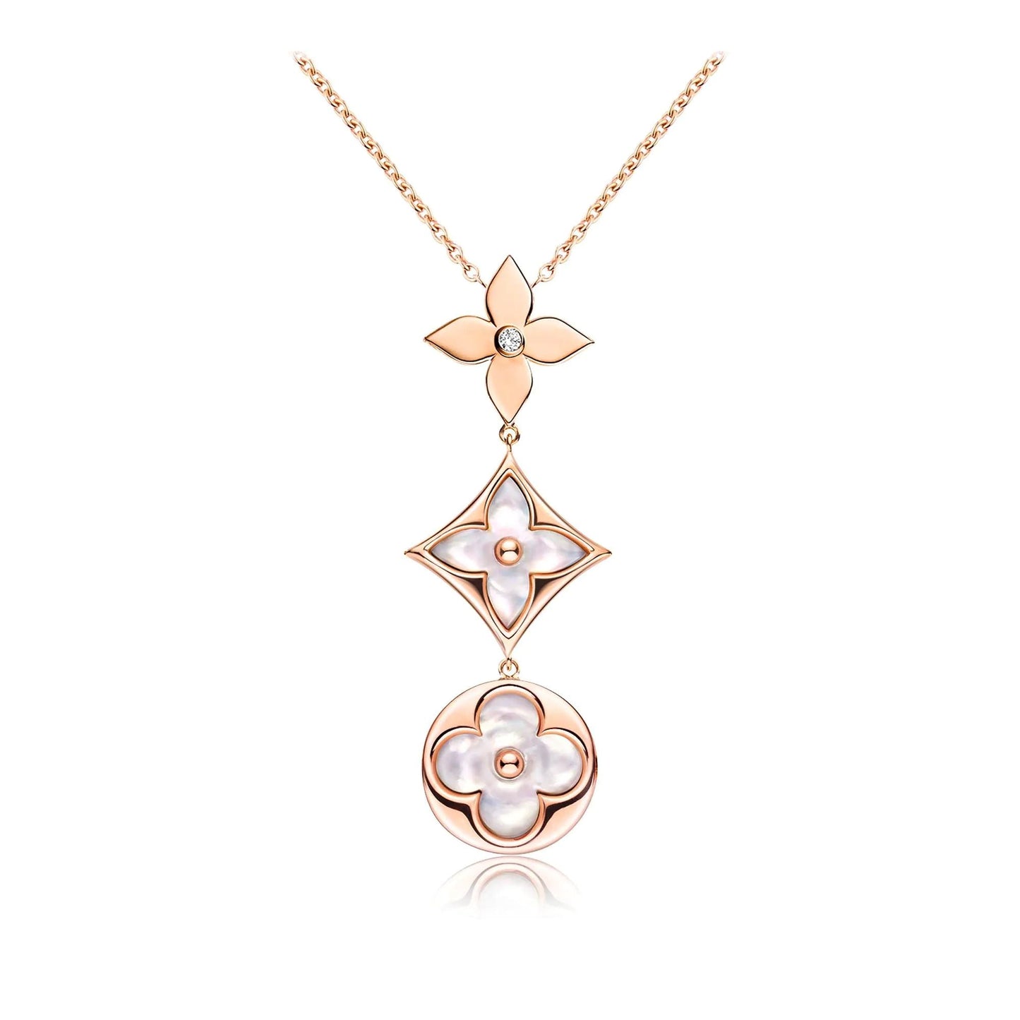 [Aurora]COLOR BLOSSOM LARIAT NECKLACE PINK GOLD WHITE MOTHER PEARL AND DIAMOND