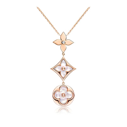[Aurora]COLOR BLOSSOM LARIAT NECKLACE PINK GOLD WHITE MOTHER PEARL AND DIAMOND