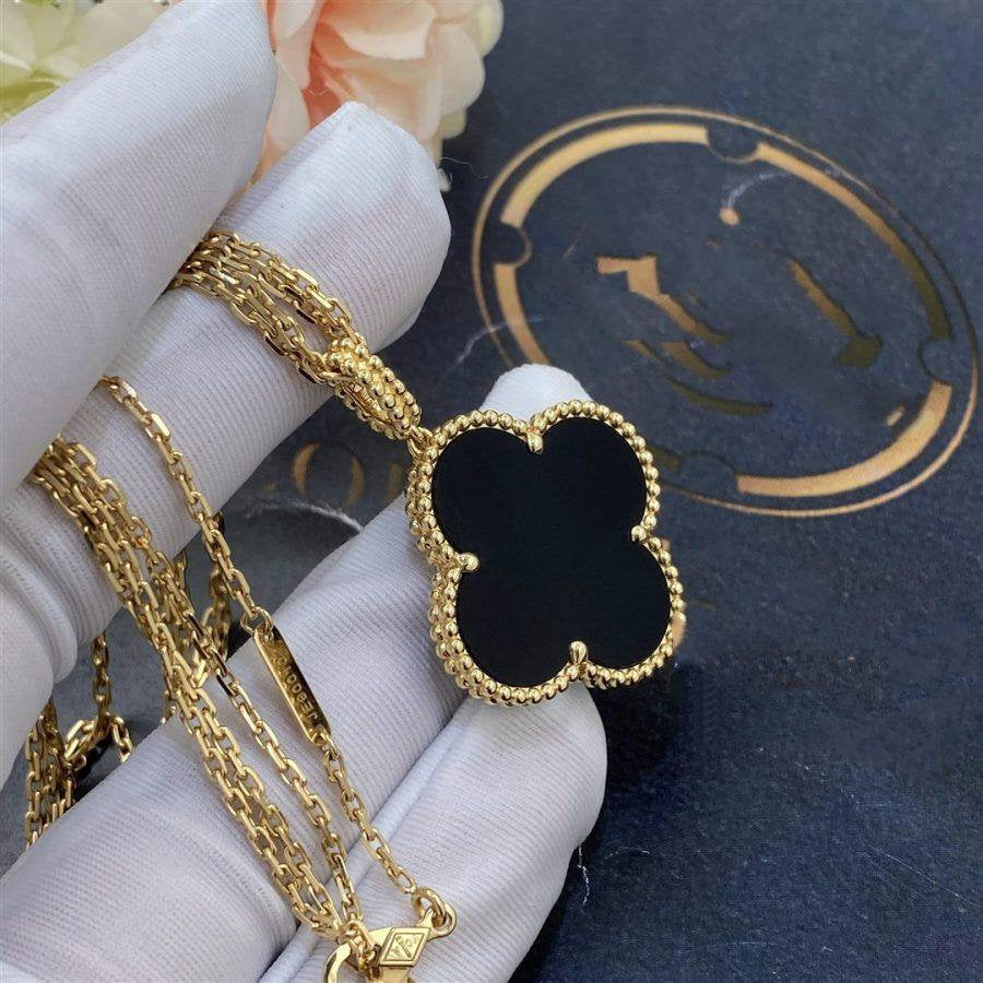[Aurora]CLOVER 25MM GOLD ONYX BIG CLOVER NECKLACE