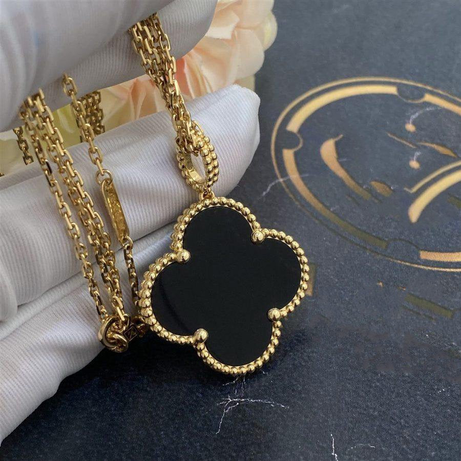 [Aurora]CLOVER 25MM GOLD ONYX BIG CLOVER NECKLACE