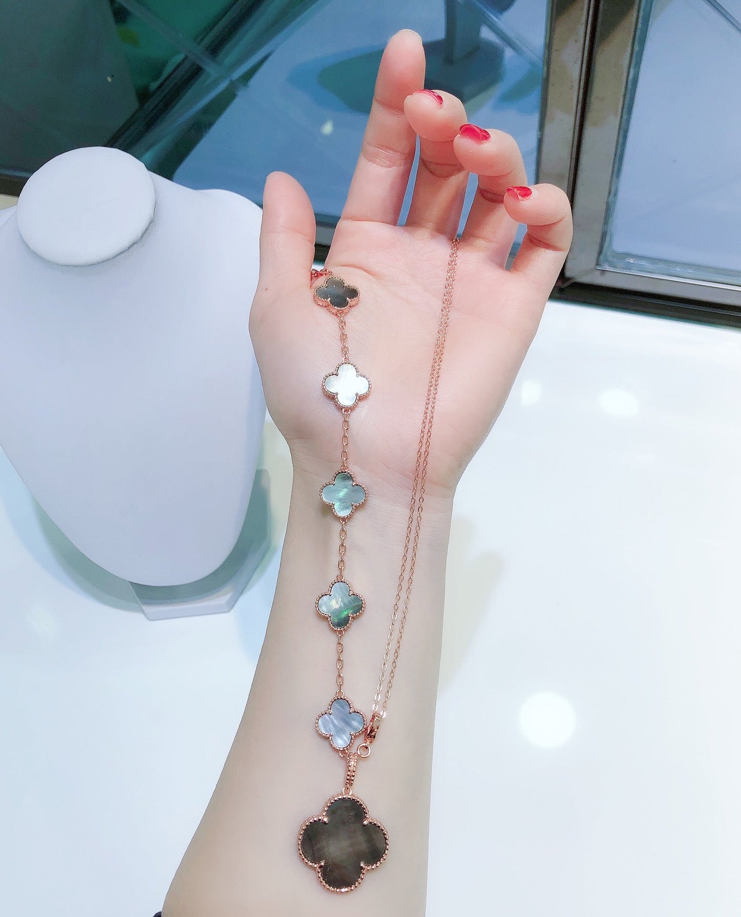 [Aurora]COMBINED BRACELET 5 MOTIFS AND NECKLACE DARK MOP ROSE GOLD