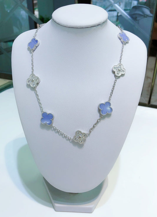 [Aurora]CLOVER 10 MOTIFS CHALCEDONY DIAMONDS SILVER NECKLACE