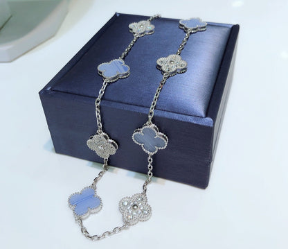 [Aurora]CLOVER 10 MOTIFS CHALCEDONY DIAMONDS SILVER NECKLACE