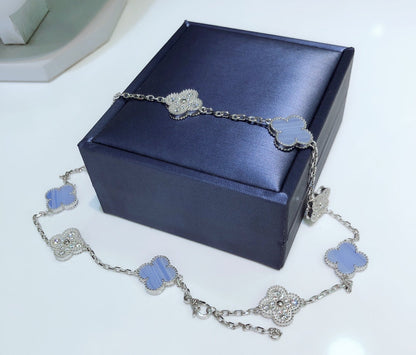 [Aurora]CLOVER 10 MOTIFS CHALCEDONY DIAMONDS SILVER NECKLACE