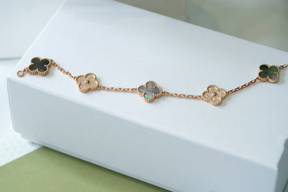 [Aurora]CLOVER 5 MOTIFS DARK MOP AND DIAMONDS PINK GOLD BRACELET