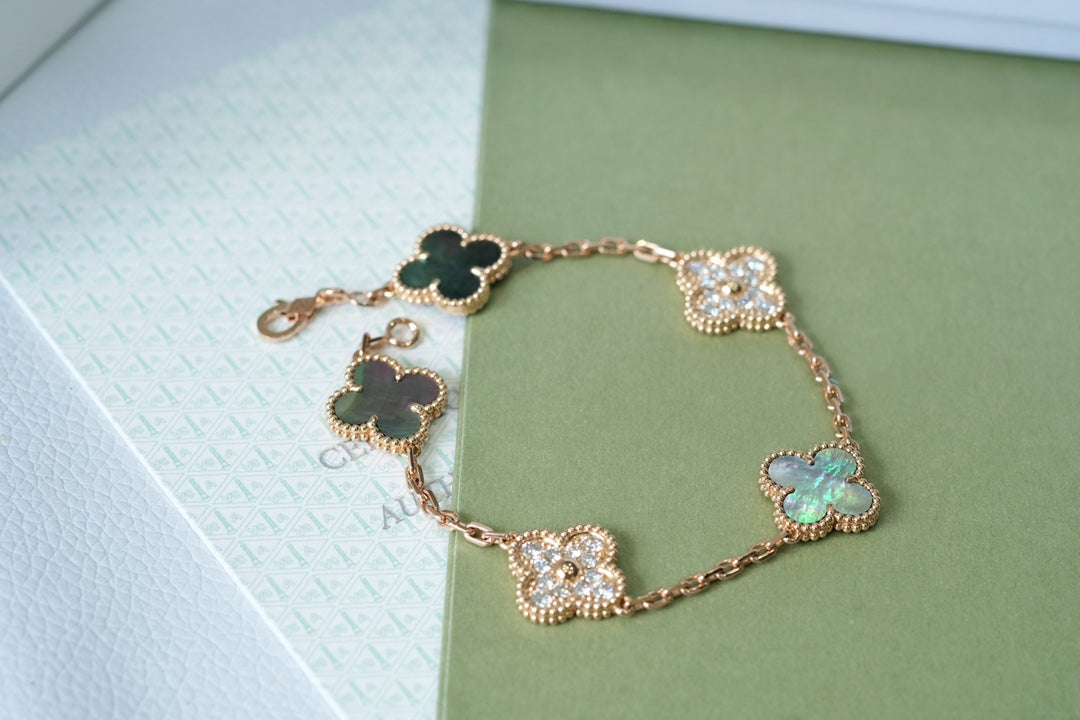 [Aurora]CLOVER 5 MOTIFS DARK MOP AND DIAMONDS PINK GOLD BRACELET