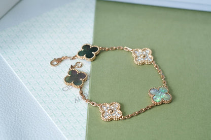 [Aurora]CLOVER 5 MOTIFS DARK MOP AND DIAMONDS PINK GOLD BRACELET